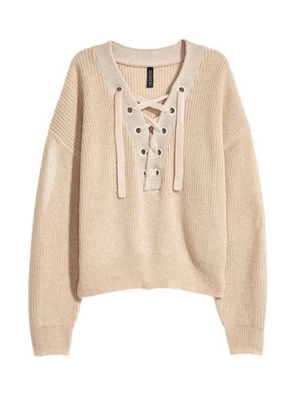H&M Tan Brown Lace-Up V-Neck Knit Sweater